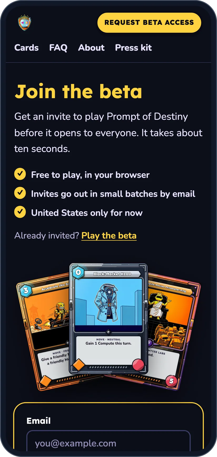 The Prompt of Destiny beta page on a phone: Join the beta, what players get, a Request beta access button and three of the game’s cards