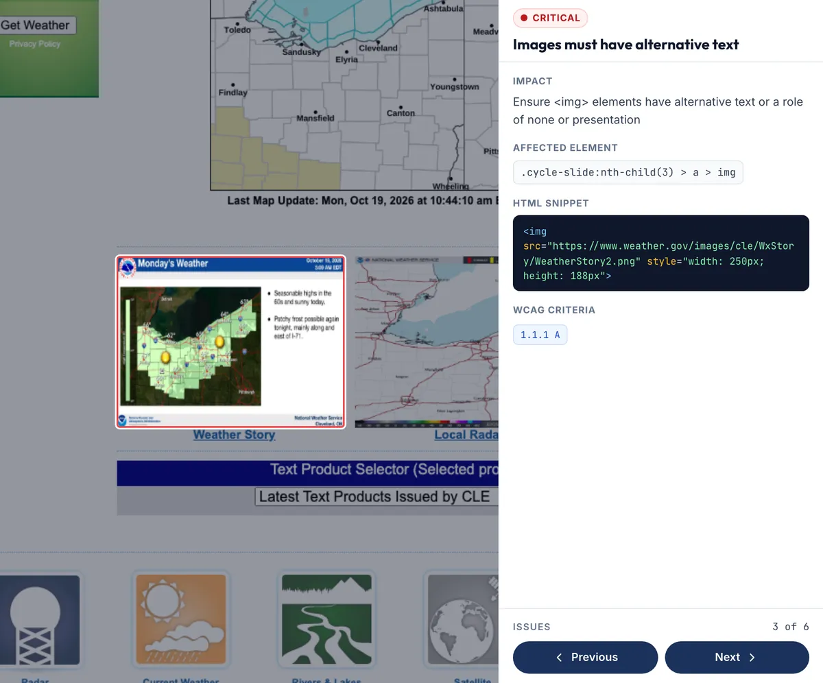 Siftlight showing a real scan of weather.gov: the Weather Story graphic of the National Weather Service in Cleveland, outlined as an image with no alternative text, a critical issue, with its impact, the affected element, its code and the WCAG criterion