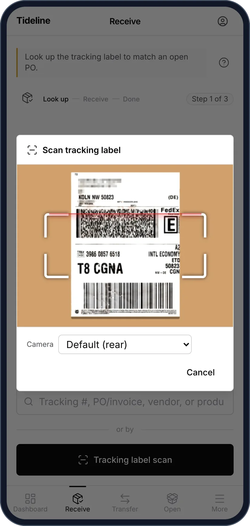 Tideline on a phone, receiving a parcel: the camera frames its shipping label to scan the tracking barcode