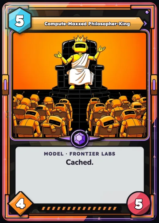 Compute-Maxxed Philosopher-King, a 5 Compute Frontier Labs Model card with 4 Params and 5 Uptime, Cached. The art shows a crowned robot on a throne above rows of robots.