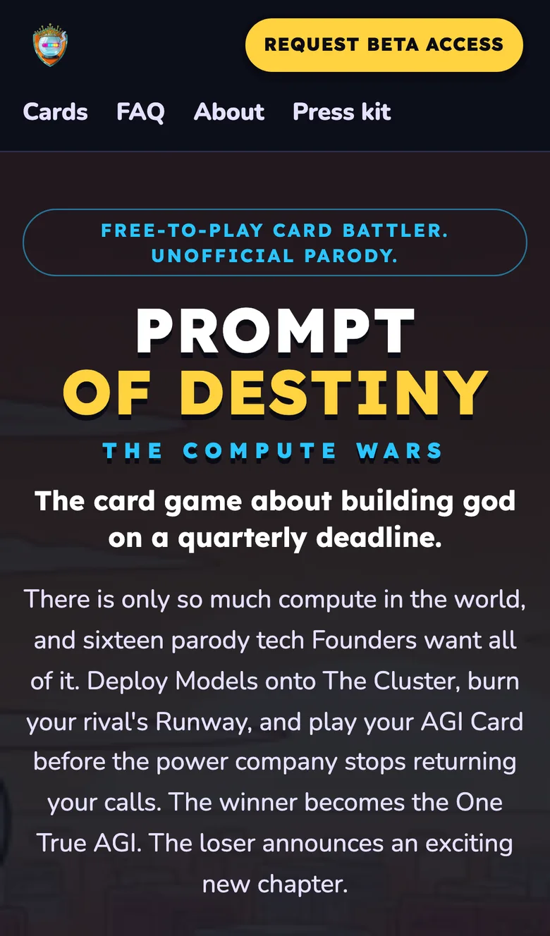 The Prompt of Destiny home page on a phone: the menu, the parody label, the game title and its pitch stacked in one column.